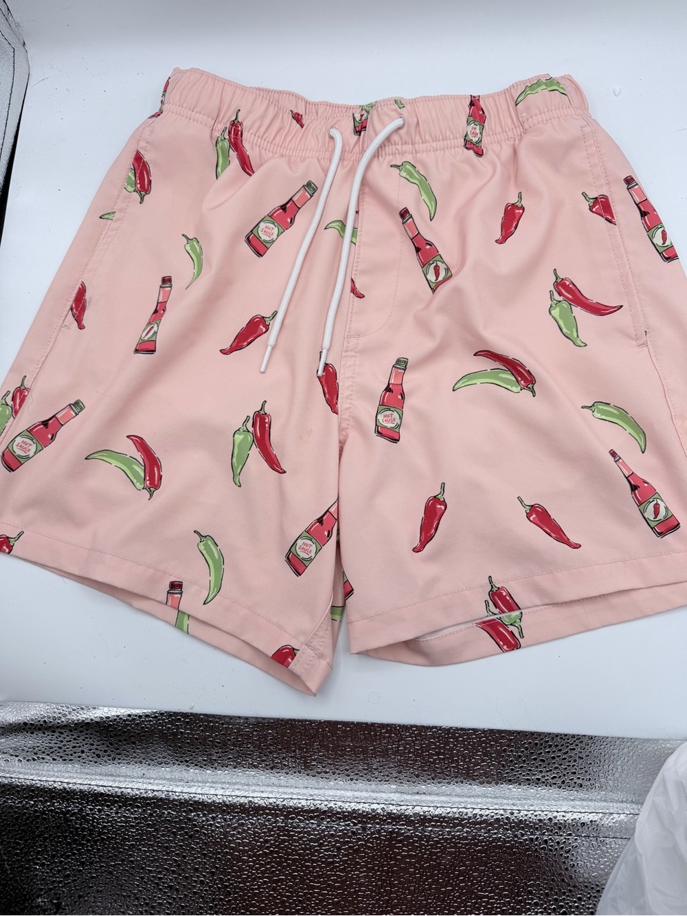 Hollister Men’s Pink Chili Pepper Hot Sauce Swim Shorts 
Size small